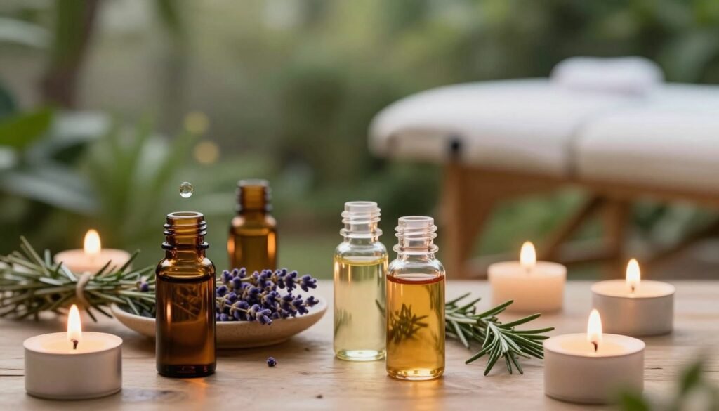 A tranquil scene showcasing essential oils for relaxation. In the foreground, delicate glass bottles filled with vibrant essential oils, some with drops of the oils glistening at the opening. Soft, gently lit candles surround the bottles, casting a warm glow. In the middle ground, a small dish of dried lavender and sprigs of rosemary enhances the herbal theme, while a wooden massage table is partially visible, suggesting a serene aromatherapy session. The background features soft-focus, lush greenery, and a hint of a peaceful garden, evoking nature's calming influence. The lighting is warm and soothing, creating an inviting atmosphere. The overall mood is relaxed and serene, perfect for illustrating the benefits of essential oils in stress relief. A tranquil scene showcasing essential oils for relaxation. In the foreground, delicate glass bottles filled with vibrant essential oils, some with drops of the oils glistening at the opening. Soft, gently lit candles surround the bottles, casting a warm glow. In the middle ground, a small dish of dried lavender and sprigs of rosemary enhances the herbal theme, while a wooden massage table is partially visible, suggesting a serene aromatherapy session. The background features soft-focus, lush greenery, and a hint of a peaceful garden, evoking nature's calming influence. The lighting is warm and soothing, creating an inviting atmosphere. The overall mood is relaxed and serene, perfect for illustrating the benefits of essential oils in stress relief.