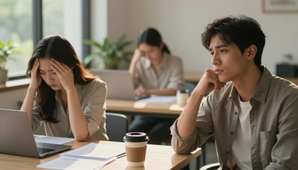 A tranquil yet thought-provoking scene illustrating "mental and emotional symptoms" of chronic stress. In the foreground, a diverse group of three professionals—two women and one man, all dressed in business casual attire—appear reflective and contemplative. The woman on the left holds her head in her hands, while the man gazes out of the frame, conveying a sense of overwhelm. The middle ground features a softly glowing desk with scattered papers, a half-closed laptop, and a half-full coffee cup, symbolizing the chaos of work-life balance. The background includes a serene office space with blurred greenery outside, casting gentle sunlight through the window, creating an atmosphere that balances stress with moments of peace. Capture this scene with a warm color palette, soft focus, and a slight vignette to enhance mood.