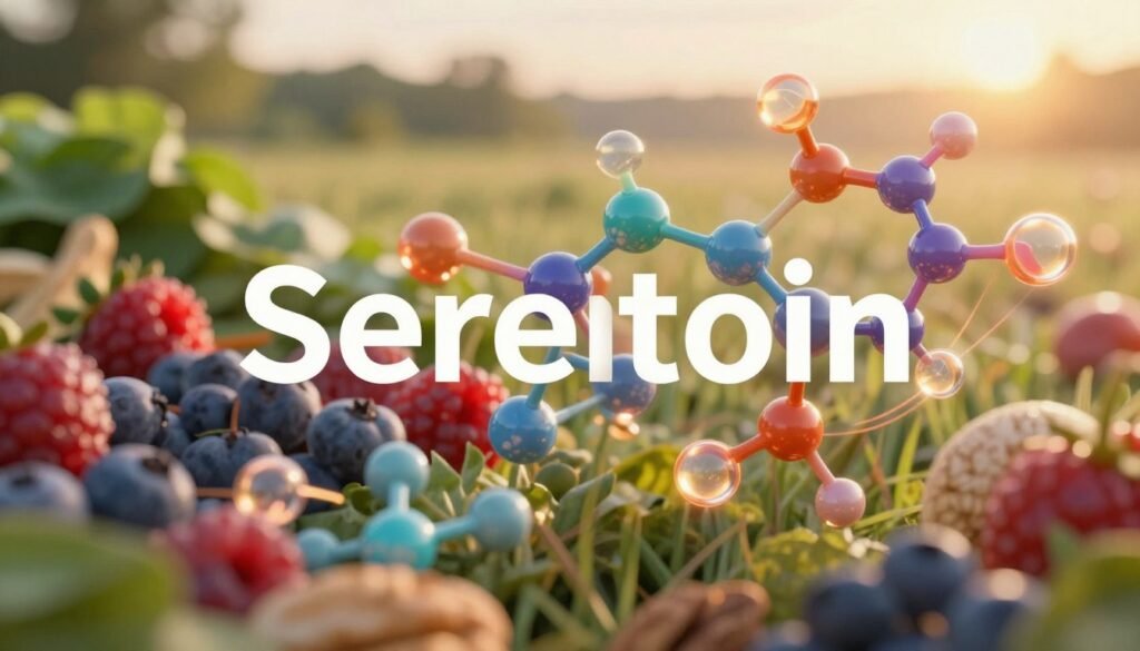 A vibrant and abstract representation of serotonin, depicted as colorful molecules swirling gracefully in the foreground, showcasing their complex structures with glowing bonds and intricate shapes. In the middle ground, a blurred depiction of fresh, healthy foods like berries, nuts, and leafy greens subtly hints at the connection between nutrition and mental health. The background features a tranquil environment, perhaps a soft-focus natural landscape bathed in golden hour lighting, casting a warm and inviting atmosphere. The overall mood is uplifting and serene, emphasizing the positive role of neurotransmitters like serotonin in enhancing well-being. The composition should convey a sense of harmony and balance, inviting the viewer to reflect on the importance of mental health through nutrition.