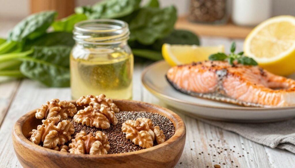 A vibrant and appealing composition showcasing a variety of omega-3 rich foods. In the foreground, a wooden bowl filled with a colorful mix of walnuts, flaxseeds, and chia seeds, glistening under soft, natural sunlight. In the middle, an elegant glass jar filled with golden flaxseed oil beside a plate of grilled salmon, garnished with a slice of lemon and fresh herbs. In the background, a rustic kitchen setting with a soft-focus view of green leafy vegetables like spinach and kale, representing healthy eating. The lighting should create a warm, inviting atmosphere, emphasizing the nutritional value and freshness of the ingredients. The overall mood is calming and health-focused, reflecting a holistic approach to wellness.