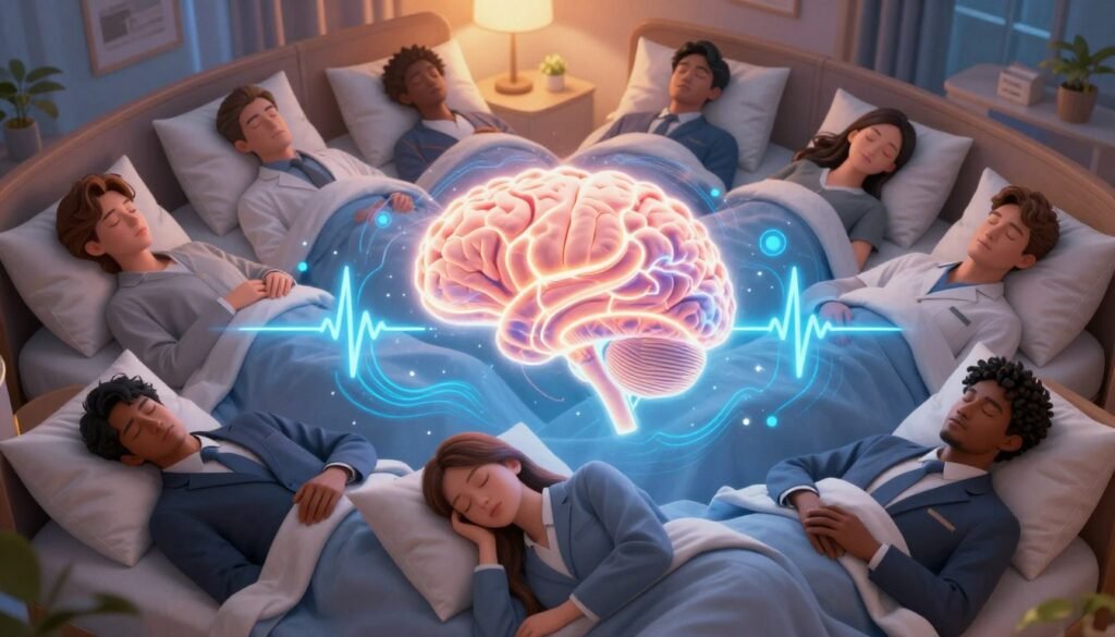 A vibrant and informative illustration depicting the internal mechanisms of sleep in the human body. In the foreground, a diverse group of individuals in professional attire are shown peacefully sleeping, showcasing varied sleeping positions. The middle layer highlights a glowing representation of the brain with neural pathways activating, indicating brain activity during different sleep stages. The background includes a softly lit room with comfortable bedding and gentle colors, creating a calming atmosphere. Utilize soft, warm lighting to enhance the serene mood. An angle from above captures the harmony of the setting, focusing on the interplay between the individuals and the symbolic elements representing sleep's biological processes, such as calming waves and rhythmic heartbeat patterns.