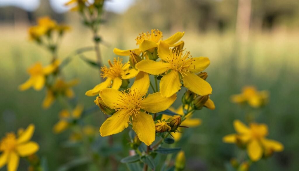 A vibrant arrangement of St. John's Wort flowers, showcasing their bright yellow petals and distinctive star-like shape. The foreground features a close-up of the delicate blossoms, highlighting fine details such as the dark spots on the petals and the clustered anthers in the center. In the middle ground, lush green leaves frame the flowers, creating a harmonious contrast. The background is softly blurred with a natural setting, such as a sunlit meadow or garden, evoking a serene atmosphere. The lighting is warm and inviting, suggesting a golden hour glow that enhances the colors of the flowers. The composition is balanced and aesthetically pleasing, capturing the essence of this natural remedy. A vibrant arrangement of St. John's Wort flowers, showcasing their bright yellow petals and distinctive star-like shape. The foreground features a close-up of the delicate blossoms, highlighting fine details such as the dark spots on the petals and the clustered anthers in the center. In the middle ground, lush green leaves frame the flowers, creating a harmonious contrast. The background is softly blurred with a natural setting, such as a sunlit meadow or garden, evoking a serene atmosphere. The lighting is warm and inviting, suggesting a golden hour glow that enhances the colors of the flowers. The composition is balanced and aesthetically pleasing, capturing the essence of this natural remedy.