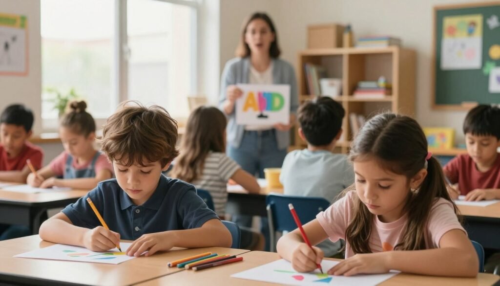 A vibrant classroom scene depicting a diverse group of children engaged in various activities that reflect the symptoms of ADHD. In the foreground, a boy with messy hair fidgets with a pencil, while a girl beside him focuses on crafting a project. In the middle, an attentive teacher explains a concept using colorful visual aids, while a window lets in warm, soft natural light, creating an inviting atmosphere. In the background, shelves filled with educational materials and artwork add detail and context. The mood is both lively and slightly chaotic, capturing the energy of children with ADHD. Use a shallow depth of field to emphasize the children and teacher, creating an engaging focal point that illustrates the complexities of ADHD in an educational setting.