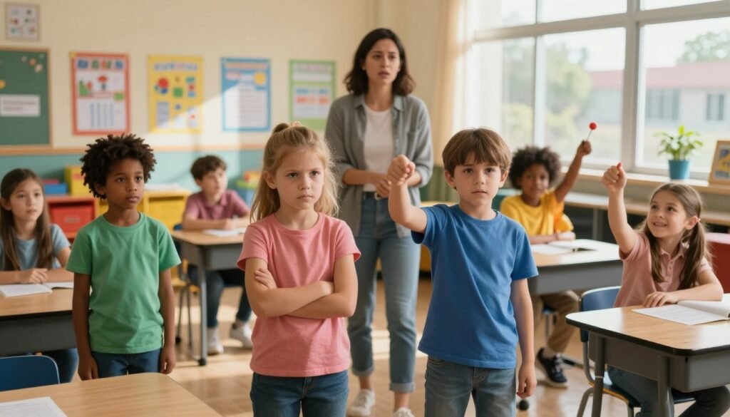 A vibrant classroom scene focusing on children exhibiting oppositional defiant disorder (ODD) behaviors. In the foreground, a diverse group of children, ages 7-10, display a range of emotions: one child stands with crossed arms, frowning, while another throws a playful object. They wear modest casual clothing, with bright colors adding energy to the scene. In the middle, a concerned teacher engages with the children, demonstrating patience and understanding, embodying a supportive atmosphere. The background includes educational posters, colorful desks, and a window showing a sunny day outside, creating a warm and inviting environment. The room is well-lit with soft natural light, casting gentle shadows to enhance depth. The mood is dynamic yet nurturing, emphasizing the importance of understanding and support for children with ODD in a school setting.