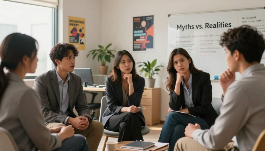 A vibrant office scene representing "myths and truths about workplace anxiety." In the foreground, a diverse group of four professionals, dressed in smart business attire, engage in thoughtful discussion, with some showing expressions of concern and contemplation. In the middle ground, a modern office environment with large windows allowing soft natural light to filter in, highlighting a mix of motivational posters and potted plants, creating a comforting atmosphere. The background features a whiteboard with highlighted phrases like "Myths vs. Realities," emphasizing the theme. The setting should feel focused yet slightly tense, reflecting the complexities of workplace anxiety. The overall lighting is warm and inviting, with a depth of field effect to draw attention to the individuals in the foreground.