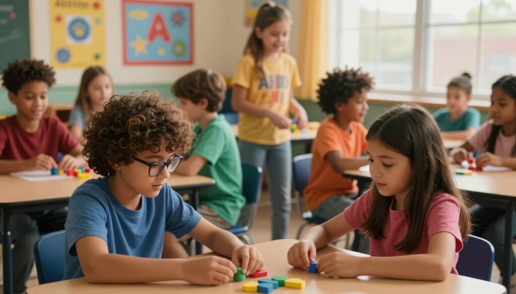 A vibrant scene depicting a group of diverse children, ages 6 to 10, interacting positively in a classroom setting, showcasing the social impact of ADHD. In the foreground, two children—one with curly hair and glasses, the other with straight hair—are engaged in a cooperative game, focusing intently. In the middle, other children are participating in various activities, some sharing toys, while others are discussing animatedly, illustrating collaboration and social learning. The background features colorful educational posters and a large window letting in soft, warm light, creating an inviting atmosphere. The children are dressed in casual, colorful clothing, encouraging a sense of inclusivity and joy. The mood is uplifting and supportive, reflecting a nurturing environment that fosters understanding and connection.