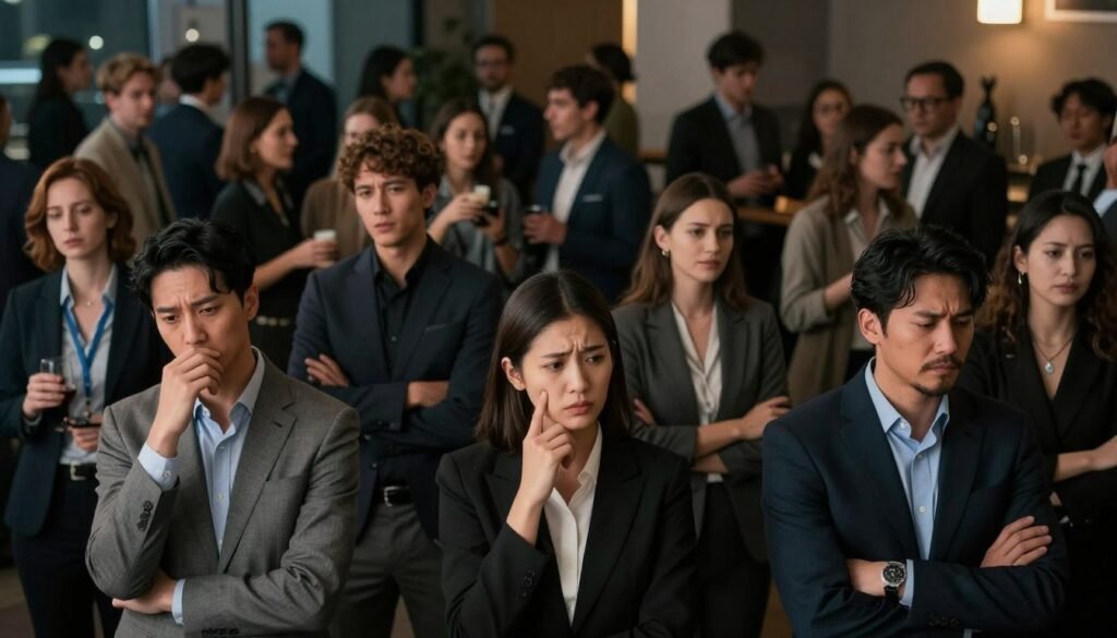 A vibrant yet tense scene depicting social anxiety triggers in a public setting. In the foreground, a small group of diverse individuals in professional attire stands awkwardly at a networking event, their expressions revealing a mix of nervousness and discomfort. In the middle ground, a soft focus on a crowded room, with people engaging in conversations, laughter, and socializing, creating an overwhelming atmosphere. In the background, dim lighting casts shadows that amplify feelings of isolation, while subtle hints of a clock on the wall suggest the pressure of time. The overall mood is a blend of unease and urgency, capturing the essence of situations that provoke social anxiety. The composition should utilize a slightly upward shooting angle to emphasize the towering presence of the crowd.