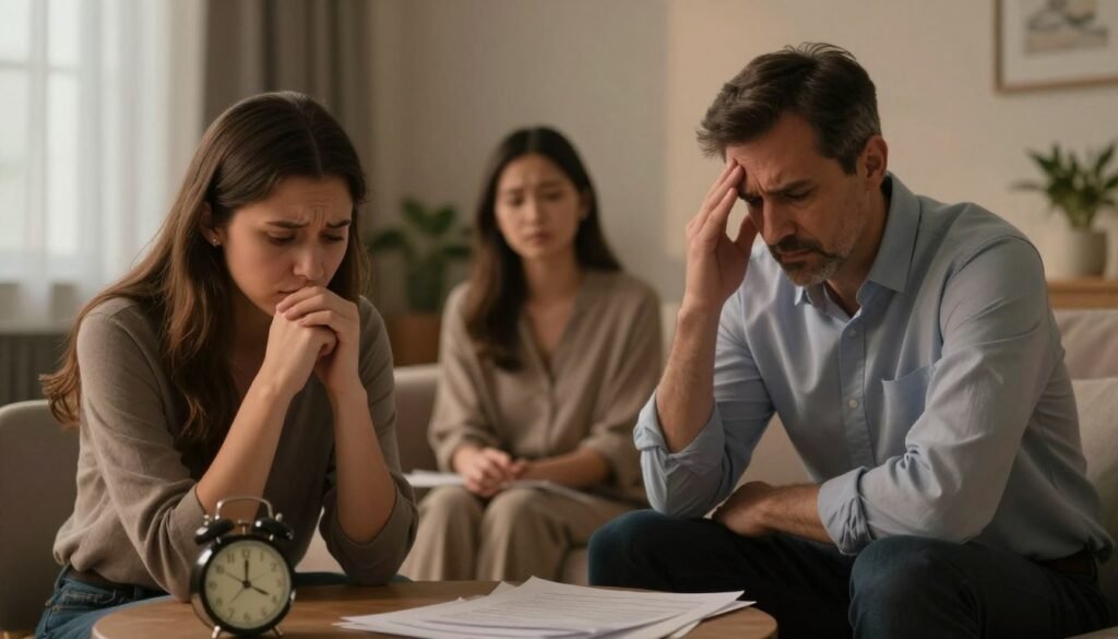A visual representation of anxiety symptoms, featuring a diverse group of three individuals sitting around a small table in a softly lit room. The foreground shows an anxious young woman with furrowed brows, her hands clasped tightly, and a worried expression. Beside her is a middle-aged man dressed in a professional shirt, lightly rubbing his temples, reflecting stress. In the background, a serene indoor environment with gentle colors conveys a sense of calm despite the tension. Warm, diffused lighting casts soft shadows, creating an intimate atmosphere. An array of symbolic elements like a ticking clock and scattered papers hint at feelings of pressure and overwhelm. The overall mood balances between tension and the desire for tranquility, illustrating the complexity of anxiety and its impact on individuals.