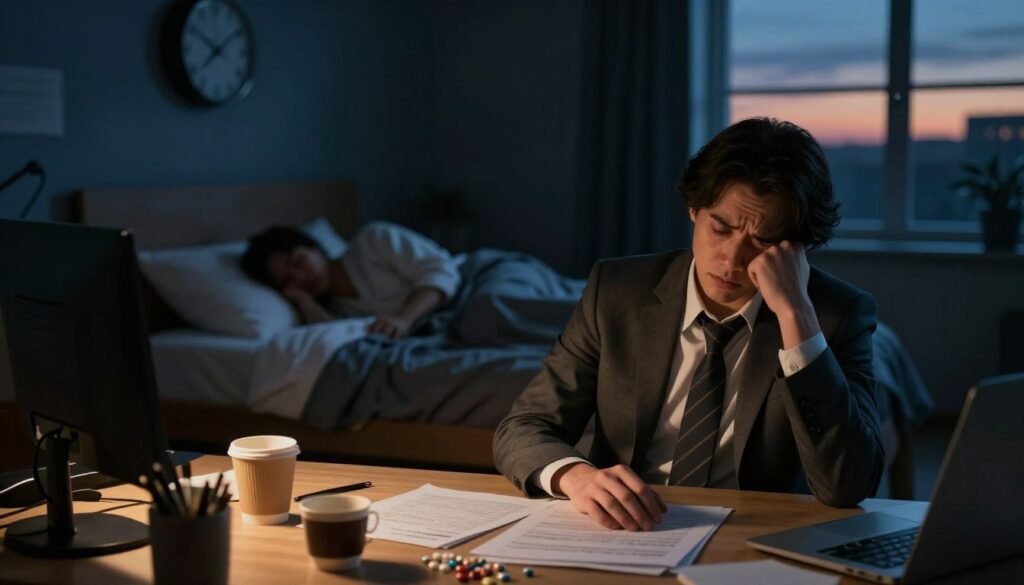 A visual representation of chronic insomnia symptoms, emphasizing both night and day experiences. In the foreground, a weary person in professional business attire sits at a cluttered desk, surrounded by empty coffee cups and sleep aids, illustrating daytime fatigue. Their expression shows stress and frustration. In the middle, a dark, dimly lit bedroom is visible with a restless individual tossing and turning in their bed, surrounded by shadows and a clock showing late hours. In the background, the window reveals a night sky transitioning to dawn, symbolizing the passage of time without rest. The lighting is a mix of warm and cool tones, creating a contrast between the warmth of the desk scene and the cold, dark atmosphere of the bedroom, evoking a feeling of exhaustion and the struggle against insomnia.