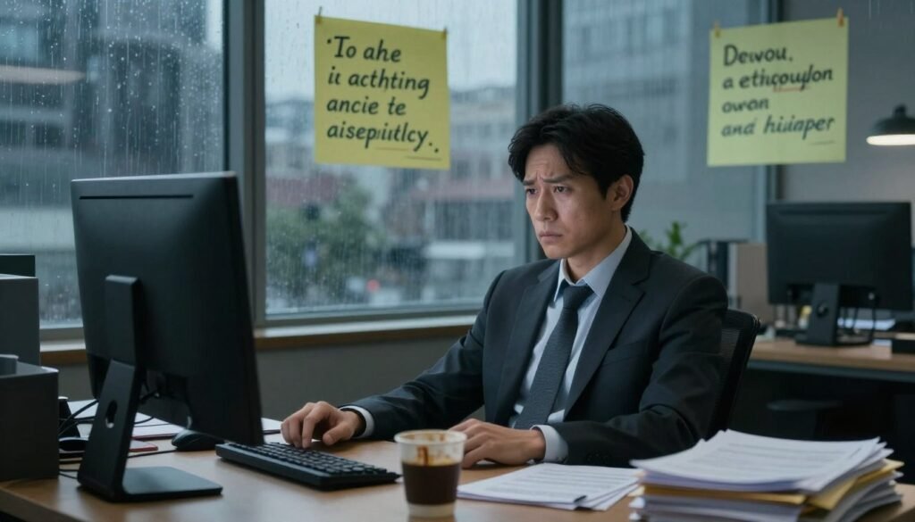 A visual representation of emotional exhaustion, featuring a weary professional seated at a cluttered desk in an office setting. In the foreground, the individual, dressed in smart business attire, gazes blankly at a computer screen, surrounded by stacks of paperwork and a half-empty coffee cup. The middle ground reveals motivational quotes fading on sticky notes, symbolizing lost inspiration. In the background, a dimly lit office window shows a rainy cityscape, reflecting a gloomy atmosphere. Soft, natural lighting creates shadows that enhance the sense of fatigue and overwhelm. The overall mood is one of stress and detachment, evoking the feeling of being consumed by work and responsibilities, portraying the main causes of emotional exhaustion.