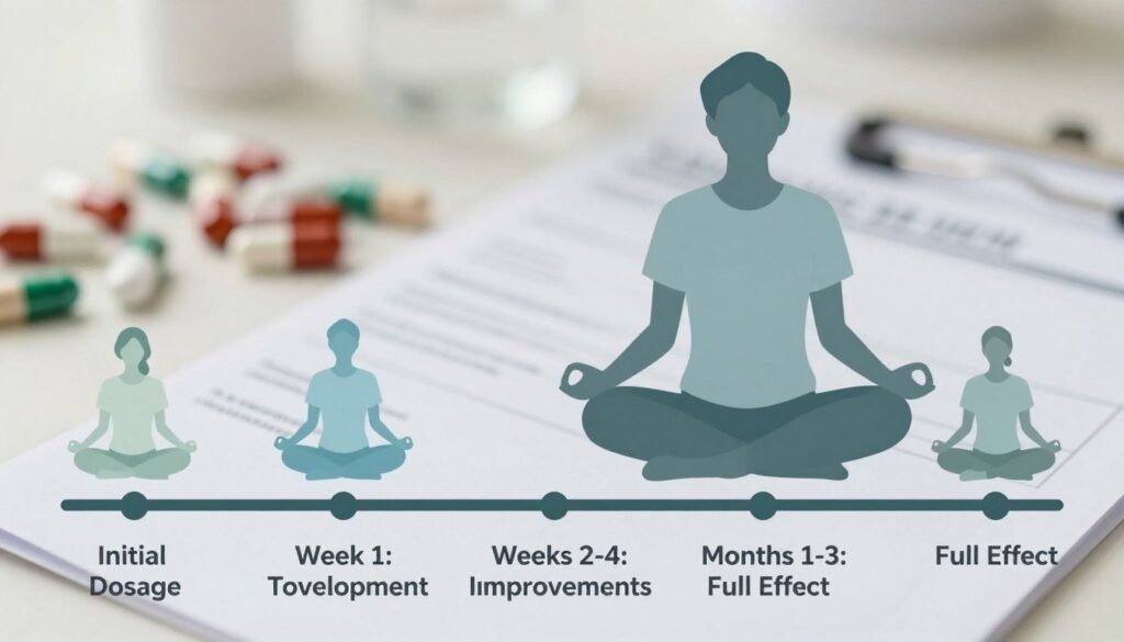 A visual representation of the timeline of fluoxetine's effects on depression treatment. In the foreground, a series of illustrated timelines depicting key stages, such as "Initial Dosage," "Week 1: Tolerance Development," "Weeks 2-4: Mood Improvements," and "Months 1-3: Full Effect." Each stage is represented with soft, calming colors like light blues and greens, symbolizing relief from depression. In the middle ground, an abstract silhouette of a person meditating or reflecting, dressed in modest casual clothing, conveying a sense of tranquility and hope. The background features blurred, softly lit pharmaceutical imagery, such as pills and a doctor's prescription pad. The overall mood is serene and informative, with natural lighting to evoke a therapeutic atmosphere.