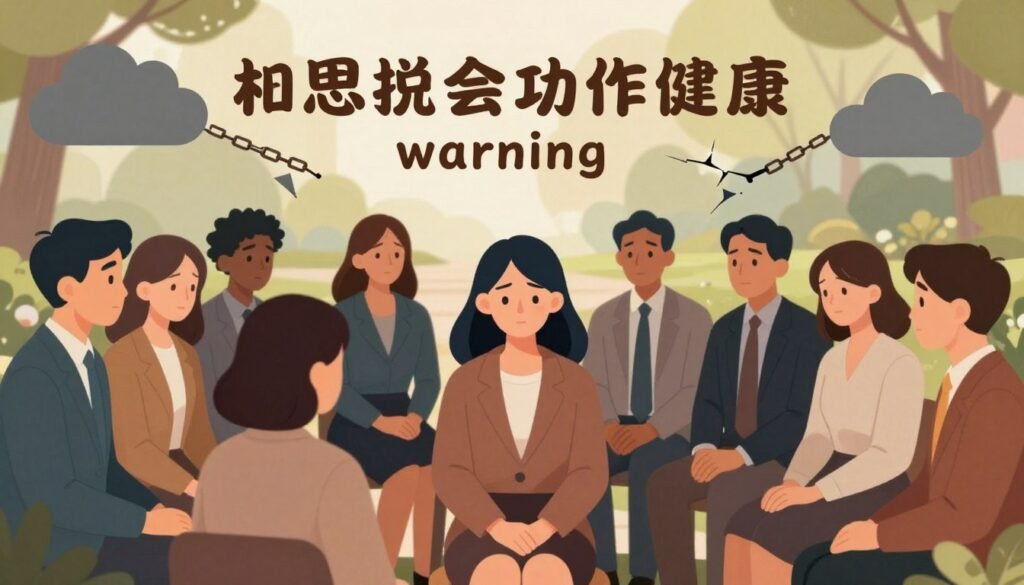 A visually compelling illustration representing the theme of "mental health warning signs". In the foreground, a diverse group of individuals, dressed in professional business attire, express a range of emotions: concern, sadness, and contemplation while engaging in a supportive conversation. In the middle ground, visual metaphors like dark clouds and broken chains symbolize the weight of mental health struggles. In the background, a serene park setting with soft, diffused lighting enhances the tranquil atmosphere, suggesting hope and healing. Use a warm color palette, with gentle contrasts to evoke an emotional yet uplifting mood, and employ a slightly blurred focus on the background to emphasize the foreground subjects. The overall composition should invite empathy and reflection, highlighting the importance of recognizing mental health issues.