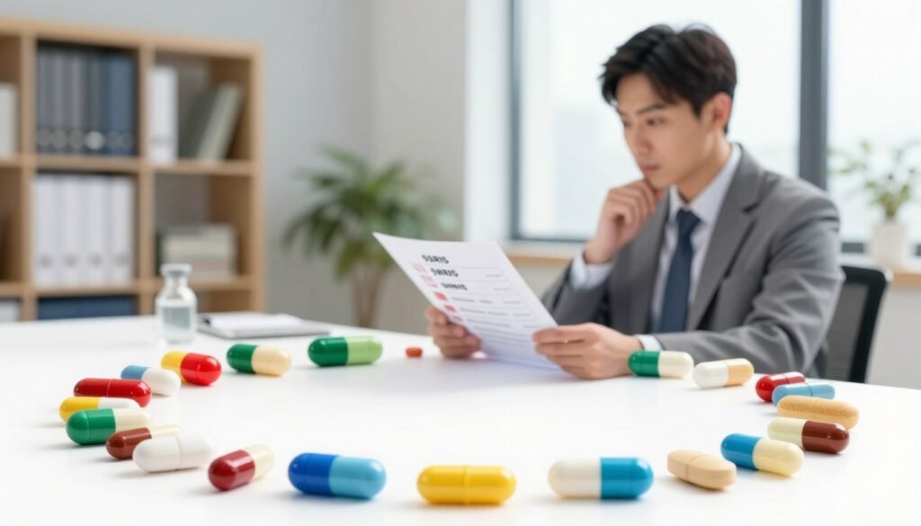 A visually engaging and informative illustration representing the different classes of antidepressants. In the foreground, include various colorful pill capsules and tablets arranged in an artistic spiral, highlighting their diversity. In the middle ground, showcase a professional psychiatrist, dressed in smart casual attire, thoughtfully examining a chart that categorizes the classes of antidepressants, including SSRIs, SNRIs, and atypical antidepressants. The background can feature a softly blurred office setting with calming colors, a bookshelf filled with medical literature, and a window letting in natural light, creating a serene atmosphere. The image should convey a sense of professionalism and clarity, emphasizing the distinctions among antidepressant classes. Use soft, natural lighting for a welcoming feel and a focal length that brings the psychiatrist and the pills into sharp focus, while gently blurring the background.