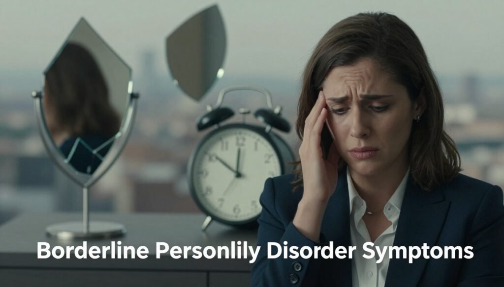 A visually engaging and poignant representation of "Borderline Personality Disorder Symptoms." In the foreground, depict a woman in professional attire, showing a mix of emotions—anxiety, mood swings, and confusion. Her expression should convey deep thought, reflecting the internal struggle associated with the disorder. The middle ground features symbolic elements like shattered mirrors, representing self-image issues, and a clock with distorted time, illustrating impulsivity and instability. In the background, a blurred cityscape gives a sense of chaos and disconnection, enhancing the atmosphere of emotional turmoil. Soft, diffused lighting casts gentle shadows, creating an introspective mood, while slightly desaturated colors evoke a sense of melancholy and complexity. Use a shallow depth of field to keep the focus on the woman's expression and surrounding symbols.