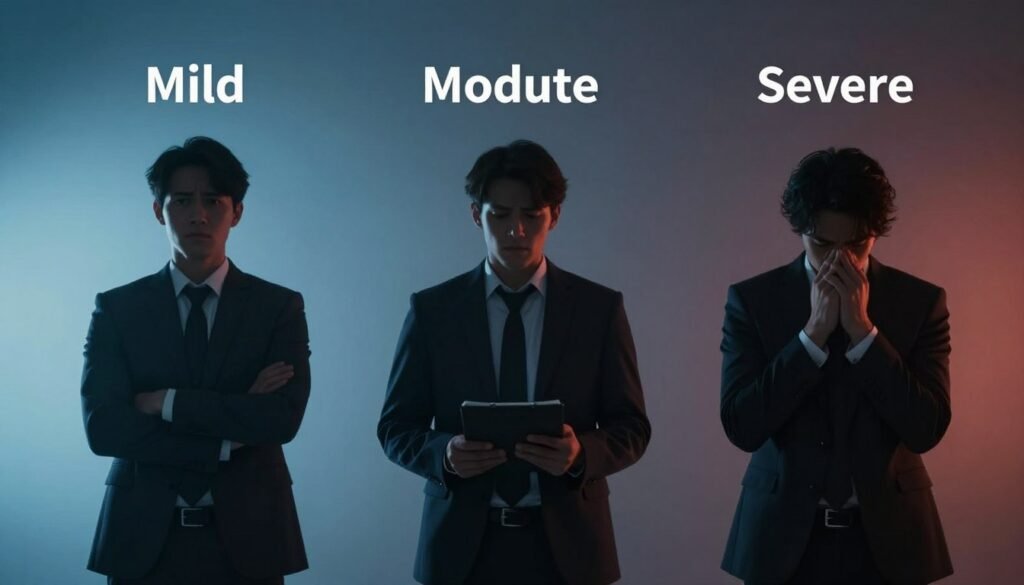 A visually engaging illustration depicting the levels of severity of social phobia—mild, moderate, and severe. In the foreground, three distinct silhouettes of individuals dressed in professional business attire exhibit varied postures: the first person appears slightly anxious, standing with crossed arms; the second, showing more signs of discomfort, looks away while holding a notepad; the third individual exhibits significant distress, with a bowed head and trembling hands. In the middle ground, a gradient background transitions from calm blue tones for mild severity to darker hues representing grave severity, symbolizing the emotional journey. Soft, diffused lighting enhances the atmosphere of introspection and seriousness, while a slight vignette effect directs focus toward the subjects. The overall mood reflects the complexities of navigating social anxiety, inviting viewers to contemplate the struggle.