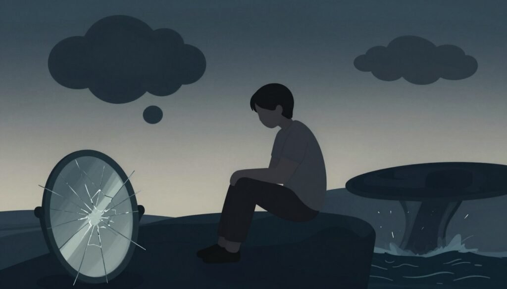 A visually engaging illustration depicting various types of depression, capturing the essence of the subject matter. In the foreground, a series of abstract representations symbolizing different manifestations of depression: a dark cloud for major depression, a fractured mirror representing dysthymia, and a stormy sea for bipolar depression. In the middle, a silhouette of a person sitting in a neutral pose, dressed in modest casual clothing, with a serene but contemplative expression. The background should feature a gradient that shifts from dark blue to soft gray, creating a somber yet reflective atmosphere. Natural, diffused lighting enhances the mood, with soft shadows adding depth. The angle should be slightly above eye level, providing a thought-provoking perspective on the complexities of depression.