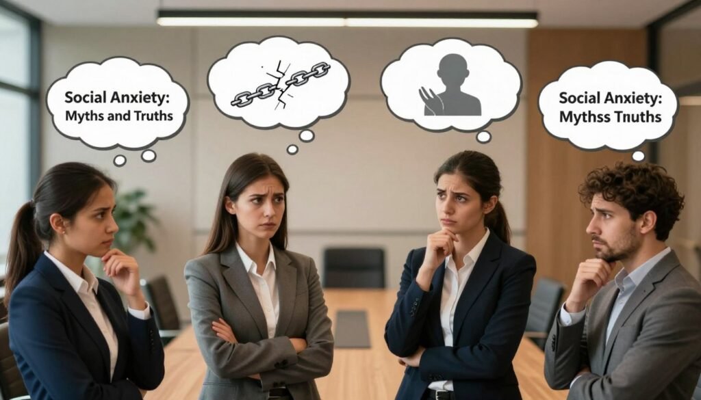 A visually engaging representation of "Social Anxiety: Myths and Truths". In the foreground, a diverse group of four individuals, dressed in professional business attire, stands in a circle, each displaying various expressions reflecting apprehension and contemplation. The middle section features thought bubbles emanating from each person, symbolizing common myths and truths about social anxiety, depicted through subtle imagery like a broken chain, a comforting hand, or a shadowy figure. The background is a softly blurred conference room setting with warm, inviting lighting, enhancing the mood of shared understanding and reflection. The composition should evoke a mix of somber introspection and hope, captured from a slightly elevated angle to create depth and focus on the dialogue between the individuals.
