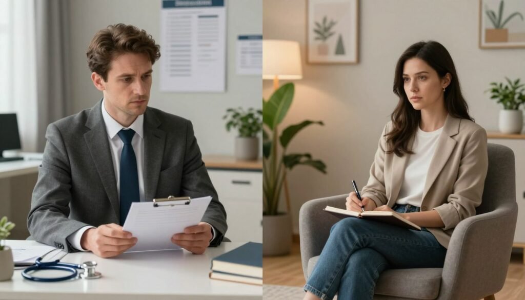 A visually engaging split-image composition illustrating the differences between a psychiatrist and a psychologist. The foreground features two distinct figures: on the left, a psychiatrist in professional business attire, holding a prescription pad, sitting at a desk with medical books and a stethoscope nearby; on the right, a psychologist in modest casual clothing, seated in a comfortable armchair with a notebook and pen, surrounded by calming decor like plants and artwork. The middle ground showcases a divided room, one side resembling a clinical office with medical charts and the other resembling a cozy therapy space. The lighting is soft and warm, promoting a sense of comfort and professionalism, while the atmosphere is serious yet inviting. The overall mood conveys clarity and understanding of their roles in mental health. No text or additional elements are present in the image.