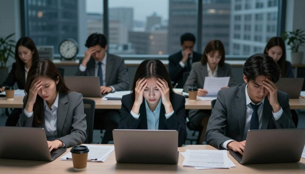 A visually striking composition illustrating the causes and risk factors of burnout and depression. In the foreground, a diverse group of professionals in modest business attire display expressions of stress and overwhelm, engaging with their laptops and papers in a dimly lit office environment. The middle ground features a cluttered desk with empty coffee cups, scattered documents, and a clock showing late hours, symbolizing long working hours. In the background, a window reveals a gloomy cityscape, hinting at external pressures. The lighting is soft but slightly harsh, creating shadows that evoke a sense of tension and urgency. The overall atmosphere is somber and reflective, emphasizing the emotional weight associated with these mental health challenges, while remaining professional and appropriate for an informative article.