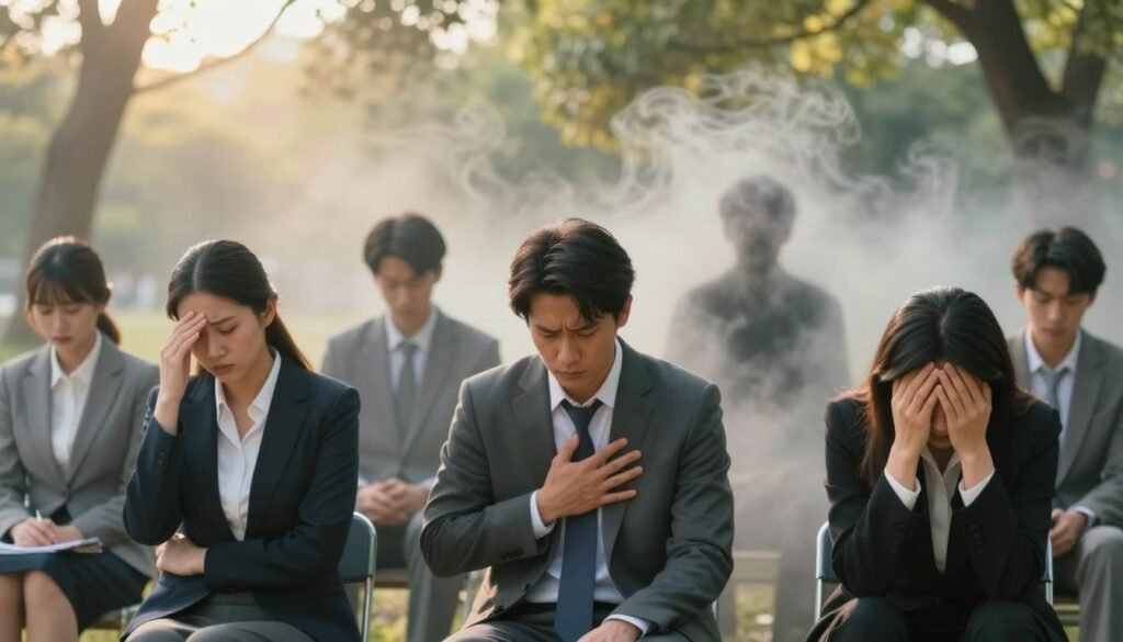 A visually striking depiction of "physical symptoms of anxiety," focusing on a serene and contrasting environment. In the foreground, a diverse group of people – a woman with her hand on her forehead, a man clutching his chest, and another person seated with their head in their hands, all dressed in professional business attire. The middle ground features soft, ethereal representations of anxiety, such as swirling mist or shadowy silhouettes that convey emotional distress. In the background, a calming nature scene with soft sunlight filtering through trees, symbolizing hope and healing. Use warm, soothing colors with gentle lighting, angled to suggest depth and focus on the individuals, evoking a mood of introspection and awareness.