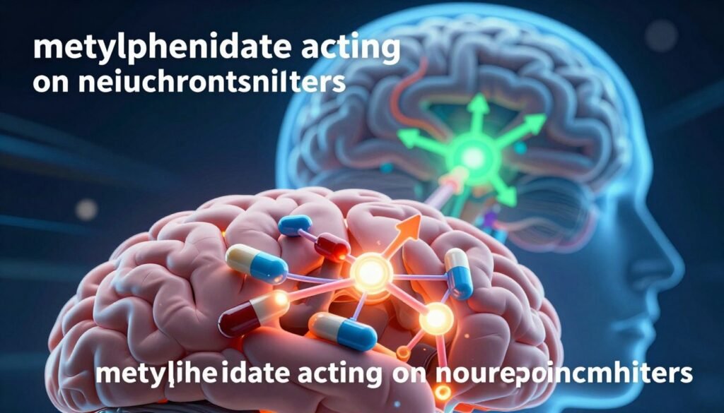 A visually striking illustration of "methylphenidate acting on neurotransmitters" in the human brain. In the foreground, a detailed, close-up view of neurotransmitters such as dopamine and norepinephrine interacting with receptors, depicted as glowing spheres and intricate molecular structures. The middle layer should show synaptic connections lighting up, with arrows indicating the enhanced activity in the brain. The background features an abstract representation of a human brain, illuminated by soft blue and green lights to reflect a sense of stimulation and focus. The entire image conveys a dynamic atmosphere of brain activity and cognitive enhancement. Utilize a high-resolution format with vivid colors and contrasting shadows to add depth. The overall mood is scientific yet energetic, focusing on clarity and engagement without any text or distractions. A visually striking illustration of "methylphenidate acting on neurotransmitters" in the human brain. In the foreground, a detailed, close-up view of neurotransmitters such as dopamine and norepinephrine interacting with receptors, depicted as glowing spheres and intricate molecular structures. The middle layer should show synaptic connections lighting up, with arrows indicating the enhanced activity in the brain. The background features an abstract representation of a human brain, illuminated by soft blue and green lights to reflect a sense of stimulation and focus. The entire image conveys a dynamic atmosphere of brain activity and cognitive enhancement. Utilize a high-resolution format with vivid colors and contrasting shadows to add depth. The overall mood is scientific yet energetic, focusing on clarity and engagement without any text or distractions.