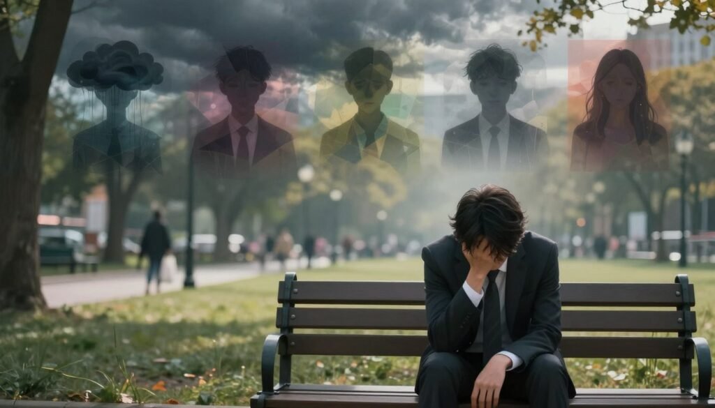 A visually striking illustration representing the various types of depression. In the foreground, a somber figure, dressed in professional business attire, sits on a park bench with their head slightly bowed, symbolizing melancholy. In the middle ground, an artistic representation of different types of depression appears, depicted through abstract elements such as stormy clouds, fragmented colors, and shadowy silhouettes, each forming distinct patterns that convey sadness, anxiety, and stress. The background features a blurred city park scene with gentle lighting, suggesting a contrast between the vibrancy of life and the internal struggle. Soft, diffused lighting casts an ethereal glow over the scene, enhancing the mood of introspection and emotional depth. The overall atmosphere should evoke empathy and understanding, reflecting the complex nature of depression without any textual elements.