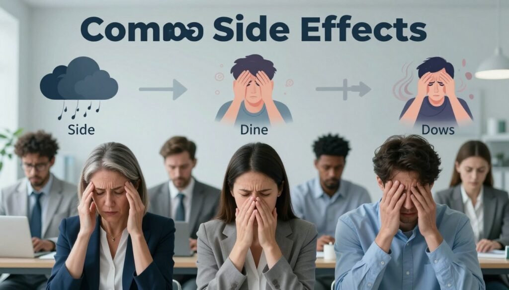 A visually striking infographic showcasing the common side effects of antidepressants. In the foreground, a diverse group of individuals in professional clothing, including a middle-aged woman experiencing fatigue and a young man appearing anxious, both representing the emotional struggles associated with medication. In the middle, artistic representations of side effects like nausea, headaches, and drowsiness, illustrated through subtle visual metaphors such as dark clouds or swirling colors. The background features a calming medical office setting with soft, diffused lighting to create a serene atmosphere, suggesting a place of support and care. The composition emphasizes clarity and understanding, without any text or distractions, conveying the complexities of managing mental health through imagery.