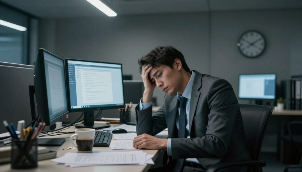 A visually striking representation of burnout symptoms, featuring a professional setting. In the foreground, a weary office worker in business attire sits at a cluttered desk, their face reflecting exhaustion and stress. The middle ground shows scattered papers, an empty coffee mug, and a computer screen displaying endless notifications, symbolizing overwhelming work demands. The background depicts dim, harsh fluorescent lighting, creating a somber atmosphere. A wall clock ticking loudly adds to the feeling of time pressure. The scene captures a muted color palette of grays and blues, enhancing the mood of fatigue and discouragement. Use a wide-angle lens to emphasize the clutter and emotional weight of the environment, immersing viewers in the experience of burnout.