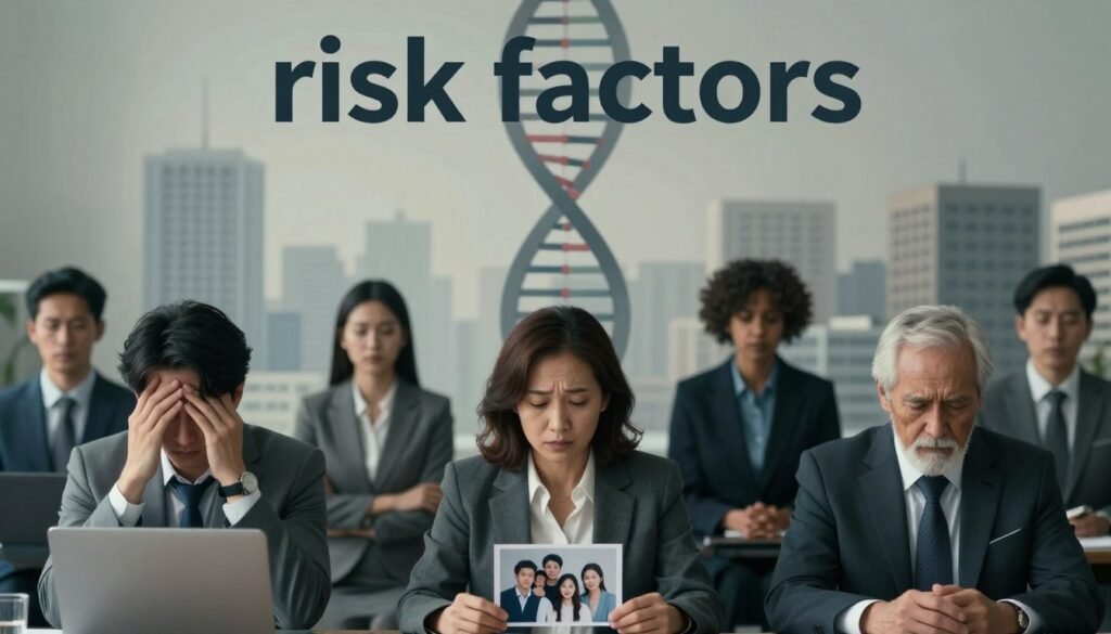 A visually striking representation of "risk factors" associated with major depressive disorder. In the foreground, include a split-screen effect displaying a diverse group of individuals, dressed in professional business attire, each representing a different risk factor: a young adult showing stress with a laptop, a middle-aged person with family photos indicating burden, and an elderly figure representing genetic predisposition. In the middle ground, illustrate elements like a DNA helix intertwining with shadows representing anxiety and socioeconomic struggles. The background should feature a muted cityscape under soft, diffused lighting, evoking a sense of isolation and melancholy. The overall mood is contemplative yet hopeful, capturing the complex interplay of risk factors in mental health. A visually striking representation of "risk factors" associated with major depressive disorder. In the foreground, include a split-screen effect displaying a diverse group of individuals, dressed in professional business attire, each representing a different risk factor: a young adult showing stress with a laptop, a middle-aged person with family photos indicating burden, and an elderly figure representing genetic predisposition. In the middle ground, illustrate elements like a DNA helix intertwining with shadows representing anxiety and socioeconomic struggles. The background should feature a muted cityscape under soft, diffused lighting, evoking a sense of isolation and melancholy. The overall mood is contemplative yet hopeful, capturing the complex interplay of risk factors in mental health.