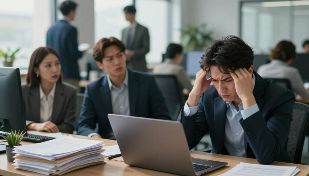 A visually striking representation of workplace stress symptoms, featuring a professional office environment in the foreground. An employee, dressed in business attire, sits at a cluttered desk, surrounded by papers and a laptop, visibly showing signs of stress such as furrowed brows and hands on their head. In the middle, colleagues can be seen in conversation, with concerned expressions as they glance towards the stressed employee. The background showcases a busy office space with blurred figures moving about, emphasizing the hectic atmosphere. Natural light streams in through large windows, creating a contrast between the darkness of stress and the bright, airy office. Capture a mood of tension and urgency, highlighting the impact of stress in a professional setting. A visually striking representation of workplace stress symptoms, featuring a professional office environment in the foreground. An employee, dressed in business attire, sits at a cluttered desk, surrounded by papers and a laptop, visibly showing signs of stress such as furrowed brows and hands on their head. In the middle, colleagues can be seen in conversation, with concerned expressions as they glance towards the stressed employee. The background showcases a busy office space with blurred figures moving about, emphasizing the hectic atmosphere. Natural light streams in through large windows, creating a contrast between the darkness of stress and the bright, airy office. Capture a mood of tension and urgency, highlighting the impact of stress in a professional setting.