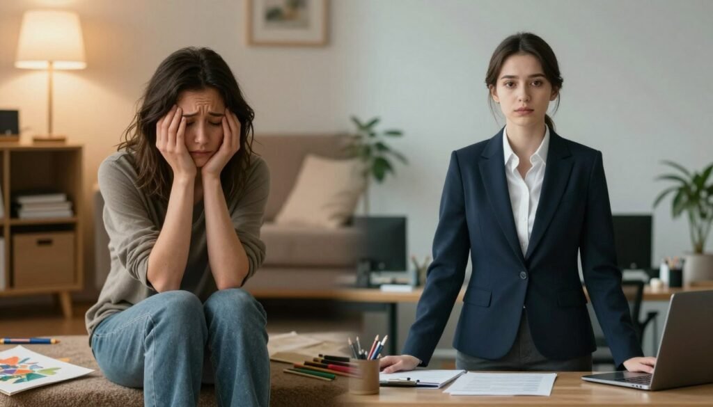 A visually striking split-image composition illustrating the difference between Borderline Personality Disorder (BPD) and Bipolar Disorder. On the left, depict a person sitting in a cozy, warmly lit room, wearing modest casual clothing, showing a range of emotions from sadness to anxiety, surrounded by scattered art supplies symbolizing creative expression. On the right, portray a different individual dressed in professional business attire, standing confidently in an office environment, with a calm demeanor showcasing stability, surrounded by organized work materials. The background should gradually shift from chaotic colors on the left, representing emotional turmoil, to cooler, more balanced tones on the right, symbolizing emotional regulation. Use soft, natural lighting to create a warm yet distinct contrast between the two sides, enhancing the mood of complexity and understanding.