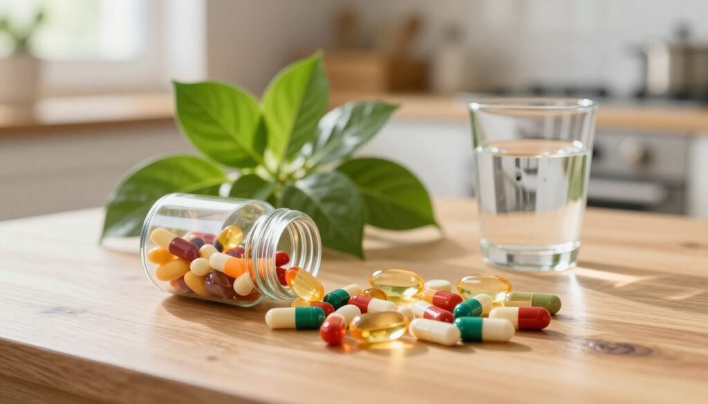 A vivid composition showcasing a variety of vitamin complexes, centered on a wooden table. In the foreground, brightly colored vitamin capsules and supplements are artfully arranged in an open glass container, glistening under soft, natural sunlight. The middle ground features a leafy green plant, symbolizing natural health, alongside a glass of water. In the background, a blurred view of a cozy, well-lit kitchen hints at a calming and inviting atmosphere. The overall mood is serene and health-focused, evoking a sense of well-being and vitality. Use a shallow depth of field to emphasize the capsules and plant in focus, while maintaining a warm color palette to create a comforting feel.