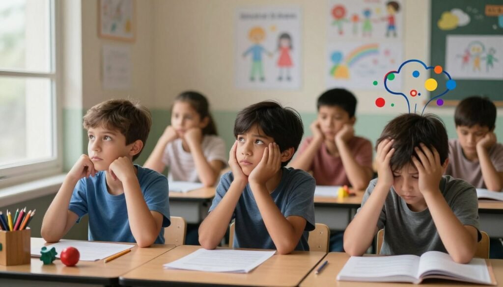 A vivid illustration depicting the symptoms of Attention Deficit Hyperactivity Disorder (ADHD) and anxiety. In the foreground, a diverse group of children, aged around 8 to 12, are engaged in various activities: one is fidgeting with a pencil, another is distractedly looking out of the window, while a third child appears overwhelmed with a cloud of chaotic thoughts represented by colorful abstract shapes around their head. In the middle ground, a softly-lit classroom environment with drawings on the walls and scattered toys creates a relatable setting. The background features blurred images of educational posters, suggesting a supportive yet challenging learning space. Natural light filters through the windows, casting gentle shadows, evoking a sense of warmth, curiosity, and a hint of struggle. The overall mood is reflective and insightful, highlighting the complexities of ADHD and anxiety in a relatable way. A vivid illustration depicting the symptoms of Attention Deficit Hyperactivity Disorder (ADHD) and anxiety. In the foreground, a diverse group of children, aged around 8 to 12, are engaged in various activities: one is fidgeting with a pencil, another is distractedly looking out of the window, while a third child appears overwhelmed with a cloud of chaotic thoughts represented by colorful abstract shapes around their head. In the middle ground, a softly-lit classroom environment with drawings on the walls and scattered toys creates a relatable setting. The background features blurred images of educational posters, suggesting a supportive yet challenging learning space. Natural light filters through the windows, casting gentle shadows, evoking a sense of warmth, curiosity, and a hint of struggle. The overall mood is reflective and insightful, highlighting the complexities of ADHD and anxiety in a relatable way.