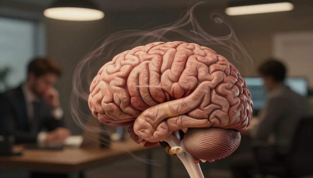 A vivid illustration of the impacts on the brain due to chronic stress, showcasing a human brain in the foreground, intricately detailed with visible areas highlighting stress-related changes. In the middle, depict abstract representations of anxiety and cognitive strain, such as swirling patterns or shadows that emanate from the brain, suggesting turbulence. In the background, create a soft focus of a dimly lit office environment symbolizing the pressure of a busy work life. Use warm, subdued lighting to evoke a sense of tension, while maintaining clarity in the brain’s depiction. The angle should be slightly tilted to suggest instability and disarray. The overall atmosphere should feel heavy and contemplative, reflecting the serious ramifications of chronic stress on mental health.