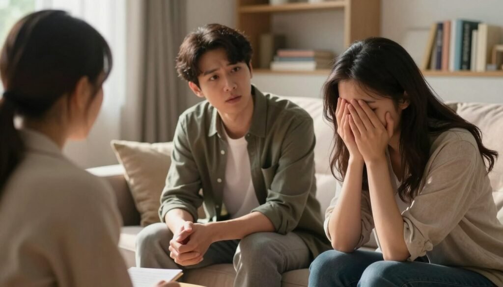 A warm and inviting indoor setting where a person is receiving support during a conversation. In the foreground, a gentle, empathetic figure, dressed in modest casual attire, sits comfortably next to a distressed individual, who appears pensive and reflective, with soft lighting enhancing their features. In the middle, the two figures are engaged in an intimate dialogue, showing emotion and understanding in their expressions. The background features a cozy environment with soft colors, perhaps a bookshelf filled with supportive literature and a comforting couch, highlighting an atmosphere of safety and trust. The scene is illuminated by natural light streaming in through a window, creating a serene and hopeful mood, evoking feelings of empathy and connection.