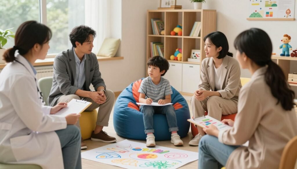 A warm and inviting pediatric psychiatry consultation room serving as the backdrop, showcasing a multidisciplinary approach to child therapy. In the foreground, a diverse group of professionals: a child psychiatrist in business attire, a psychologist in a modest outfit, and an art therapist, all engaged in a collaborative discussion. In the middle, a child is seated on a colorful bean bag, drawing expressively on a large sheet of paper, reflecting a safe space for self-expression. Bright, natural lighting filters through the windows, enhancing the comforting atmosphere. In the background, shelves filled with children's books and therapeutic toys create a nurturing environment. The overall mood is supportive and hopeful, illustrating the teamwork and compassion crucial in pediatric mental health treatment.