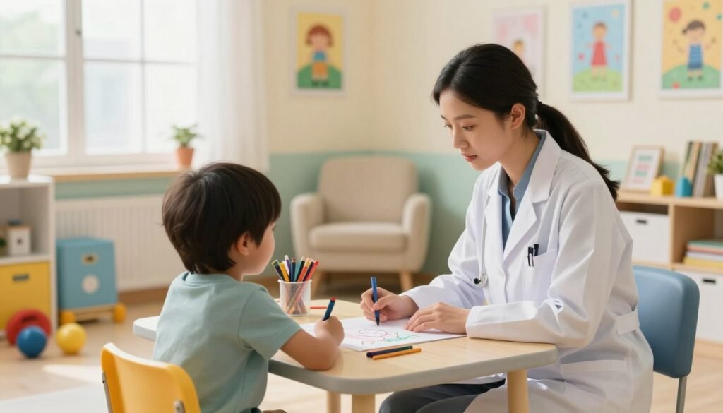 A warm, inviting child psychiatrist's office, bright and colorful. In the foreground, a caring psychiatrist in professional attire is sitting at a small table, engaging with a child, who is drawing on paper with crayons. The middle ground features colorful toys, books, and art supplies scattered around, reflecting a playful yet safe environment. The background shows a soft, well-lit room with soothing colors on the walls, framed child art, and a comfortable chair for parents. Natural light streams in through large windows, creating a calm and nurturing atmosphere. The overall mood is supportive and understanding, highlighting the vital role of child psychiatry in fostering mental well-being in children. Focused angle capturing the interaction between the psychiatrist and the child, producing a heartwarming scene.