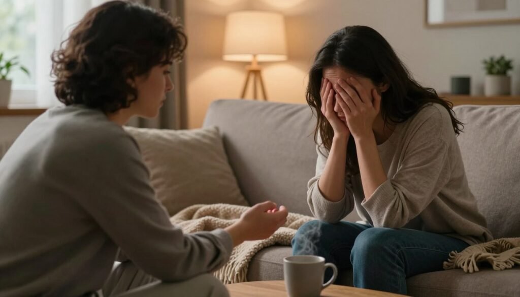 A warm, inviting scene depicting a compassionate interaction between two friends in a cozy living room. In the foreground, one friend, wearing modest casual clothing, is sitting on a comfortable sofa, gently holding the hand of the other friend, who appears visibly distressed yet open to support. The middle ground features soft textures of a warm blanket and a small coffee table with a steaming mug, symbolizing comfort and care. The background shows subtle, ambient lighting from a nearby lamp, casting a soft glow that enhances the intimate, caring atmosphere. The window with gentle daylight peeking in suggests hope and warmth, while the overall mood is one of empathy, understanding, and support, conveying the importance of being there for someone struggling with depression.