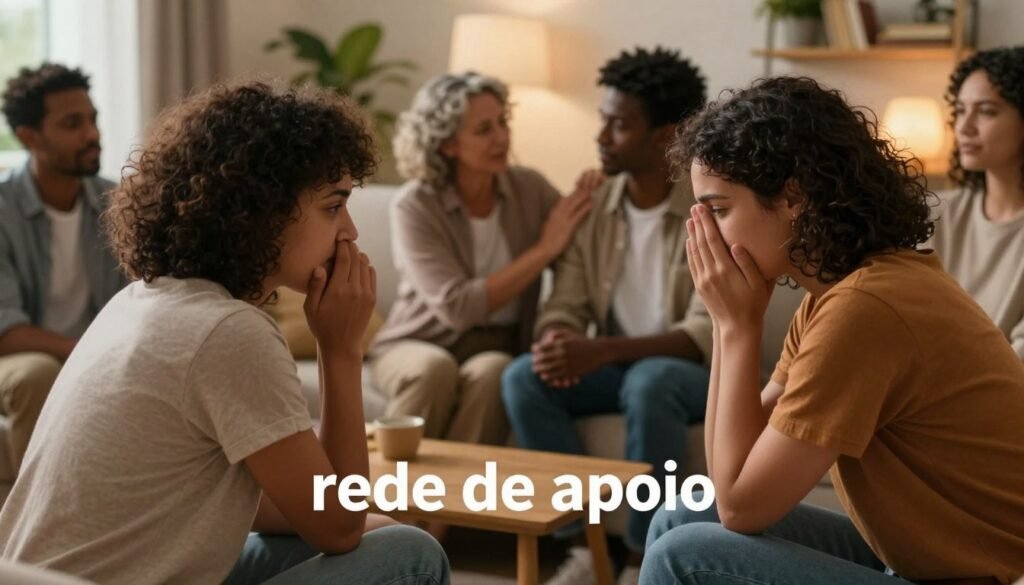A warm, inviting scene depicting a diverse group of supportive individuals gathered in a cozy living room, symbolizing a "rede de apoio." In the foreground, two friends are engaged in a heartfelt conversation, one listening empathetically while the other shares feelings. They are dressed in casual, modest clothing. In the middle ground, a supportive family member is seen offering a comforting gesture, such as a hand on a shoulder. In the background, soft, ambient lighting bathes the room, with plants and bookshelves creating a calming atmosphere. Use a warm color palette to evoke a sense of hope and recovery, with soft focus on the background for a cozy, intimate feel. The overall mood should reflect compassion and connection, illustrating the importance of support in overcoming challenges. A warm, inviting scene depicting a diverse group of supportive individuals gathered in a cozy living room, symbolizing a "rede de apoio." In the foreground, two friends are engaged in a heartfelt conversation, one listening empathetically while the other shares feelings. They are dressed in casual, modest clothing. In the middle ground, a supportive family member is seen offering a comforting gesture, such as a hand on a shoulder. In the background, soft, ambient lighting bathes the room, with plants and bookshelves creating a calming atmosphere. Use a warm color palette to evoke a sense of hope and recovery, with soft focus on the background for a cozy, intimate feel. The overall mood should reflect compassion and connection, illustrating the importance of support in overcoming challenges.
