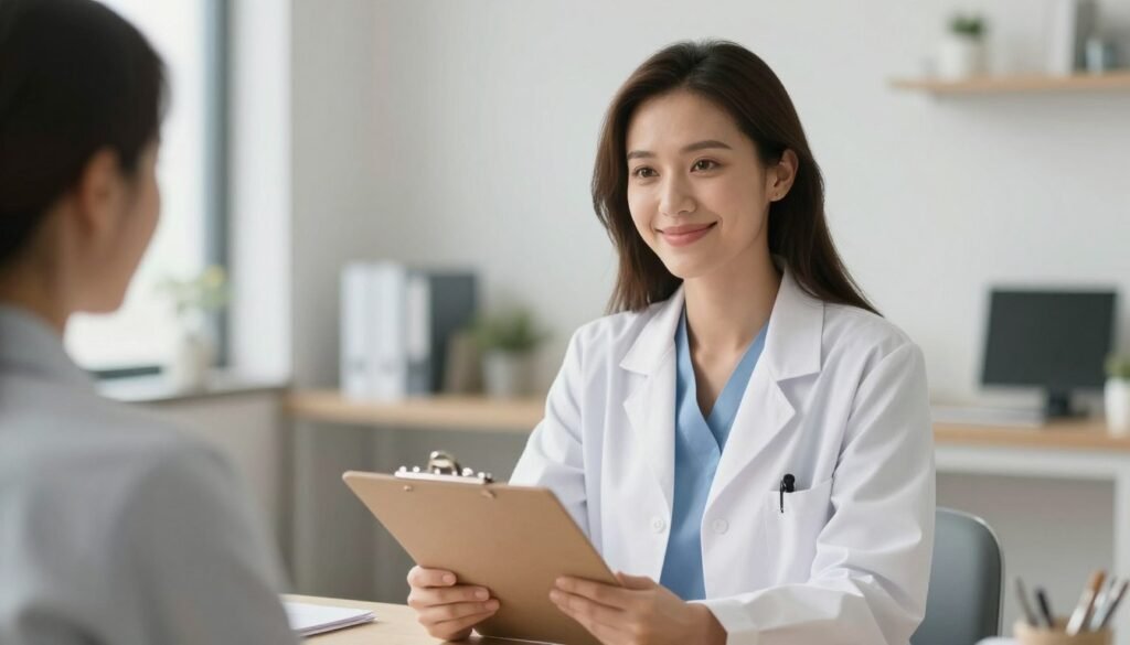 A warm, professional female psychiatrist in a bright, modern office setting, smiling kindly and holding a clipboard, symbolizing a safe and welcoming environment for a medical consultation, photorealistic style, soft lighting.