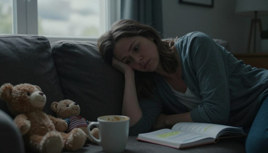 A weary mother sitting on a couch, looking exhausted and overwhelmed, with her head resting in her hand. In the foreground, soft toys scattered around her, representing the chaos of motherhood, while in the middle ground, a coffee cup sits half-finished next to an open notebook filled with tasks and reminders. The background features a dimly lit room with a window showing a cloudy sky, casting a gentle, muted light that enhances the somber mood. Her expression reflects emotional fatigue and longing for peace. Use a soft focus lens to capture the subtle details of her tired eyes and the environment. The atmosphere is one of quiet desperation and solitude, encapsulating the essence of maternal burnout.
