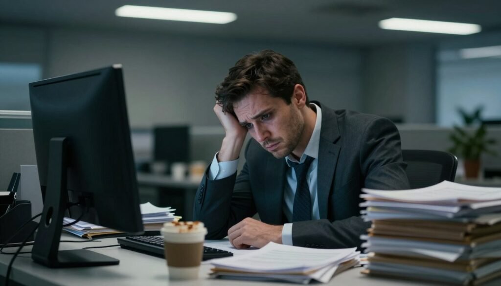 A weary office worker sits slumped at a cluttered desk, surrounded by stacks of papers and an unresponsive computer screen. In the foreground, focus on the individual, a man in a neat business suit, with visible signs of fatigue on his face—dark circles under his eyes, furrowed brows. In the middle ground, include disorganized paperwork and a half-empty coffee cup, emphasizing the chaos of his environment. The background should depict a dimly lit office space, with stark fluorescent lights casting a harsh glow, creating a somber atmosphere. Use a shallow depth of field to blur the edges slightly, directing the viewer’s attention to the stressed individual. The overall mood should be heavy and reflective, capturing the intensity of workplace stress and the threat of burnout. A weary office worker sits slumped at a cluttered desk, surrounded by stacks of papers and an unresponsive computer screen. In the foreground, focus on the individual, a man in a neat business suit, with visible signs of fatigue on his face—dark circles under his eyes, furrowed brows. In the middle ground, include disorganized paperwork and a half-empty coffee cup, emphasizing the chaos of his environment. The background should depict a dimly lit office space, with stark fluorescent lights casting a harsh glow, creating a somber atmosphere. Use a shallow depth of field to blur the edges slightly, directing the viewer’s attention to the stressed individual. The overall mood should be heavy and reflective, capturing the intensity of workplace stress and the threat of burnout.
