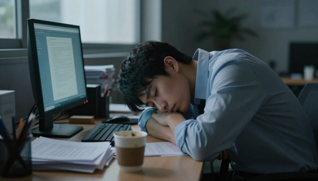 A weary office worker sitting at a cluttered desk, showing signs of excessive sleepiness and daytime fatigue. The foreground highlights the individual's drooping eyes and slumped posture, with a half-drunk coffee cup nearby and a pile of paperwork. In the middle, a flickering computer screen emits a soft blue glow, illuminating the scene. The background features a window with dim, natural light seeping in, suggesting a late afternoon. The overall atmosphere is somber, capturing the essence of fatigue and overwhelm in a professional environment. Use soft lighting to create a moody effect, focusing on the tired expression of the worker and the chaotic workspace. The lens should be slightly tilted to convey a disorienting sense of exhaustion.