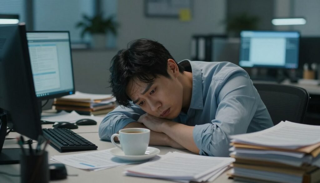 A weary office worker sitting at a cluttered desk, surrounded by stacks of paperwork and an overflowing coffee cup, their expression depicting exhaustion and stress. In the foreground, the worker's tired eyes and slumped posture are emphasized, showcasing the physical symptoms of burnout. The middle ground features the chaotic desk environment with flickering computer screens and disorganized files, enhancing the sense of overwhelm. In the background, soft, dim lighting casts a melancholic atmosphere, highlighting the feeling of isolation in a bustling office space. The lens focus captures the worker in sharp detail, while the background fades, creating a poignant mood reflecting exhaustion and the struggle against work-related stress.