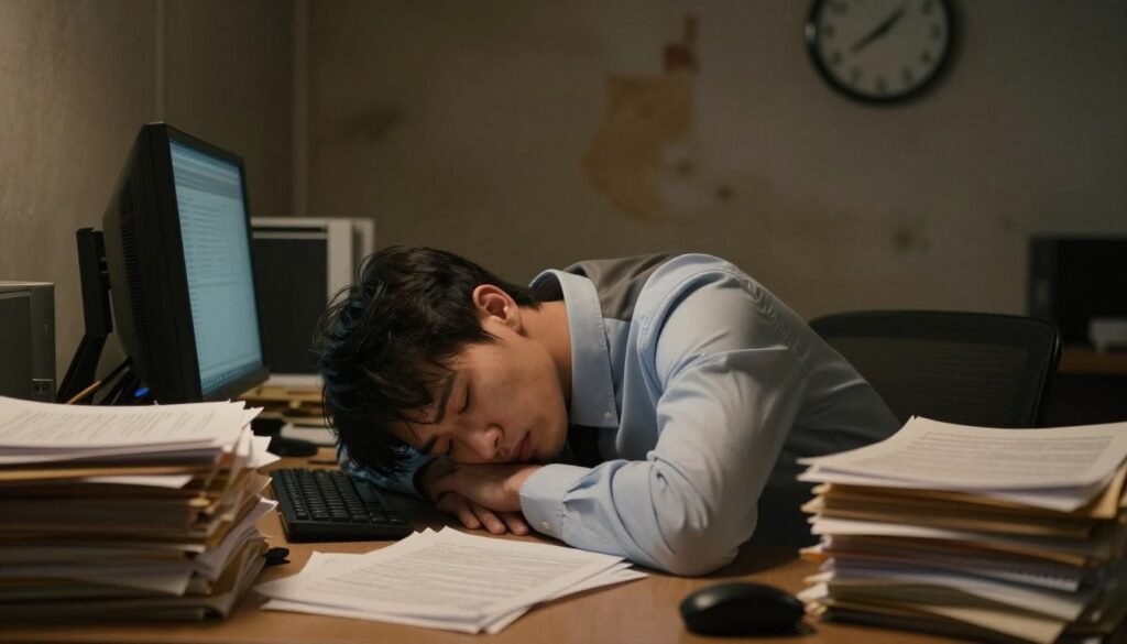 A weary office worker slumped at their desk, surrounded by stacks of paperwork and an unkempt workspace, symbolizing burnout. The foreground features an exhausted individual in professional attire, with a disheveled appearance and tired eyes, reflecting stress. In the middle, a dimly lit room with a flickering computer screen casting a soft glow, heightening the sense of isolation and despair. The background reveals a clock showing late hours, with walls adorned by dull, worn-out decor, emphasizing a stifling atmosphere. The overall mood is somber and heavy, conveying the weight of professional exhaustion. Use warm, muted lighting to enhance the emotional impact, shot from a slightly elevated angle to capture both the subject's posture and the oppressive environment.