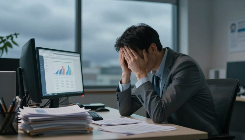A weary professional in a modern office environment, sitting at a cluttered desk, head in hands, visibly exhausted. The foreground features a pile of paperwork and a computer screen showing graphs and emails, highlighting stress and overwhelm. In the middle ground, a large window reveals a cloudy, dim sky, casting a soft, blue-gray light into the room, enhancing the mood of fatigue. The background shows a plant wilting, symbolizing neglect and burnout. The atmosphere is heavy, reflecting emotional exhaustion and the struggle with burnout. Capture this scene with a slightly tilted angle to convey disorientation and tiredness, utilizing soft focus to emphasize the subject's emotional state while keeping the rest of the environment recognizable.