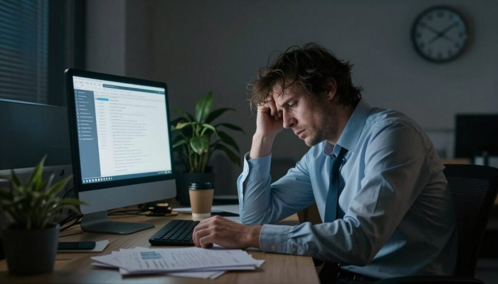 A weary professional sitting at an office desk, their expression exhausted and overwhelmed, reflecting signs of burnout. They are dressed in formal business attire, with disheveled hair and slightly wrinkled clothes. The foreground features scattered papers and a glowing computer screen displaying an overflowing inbox. In the middle ground, a potted plant wilts, symbolizing neglect, and an empty coffee cup hints at long hours without refreshment. The background shows a dimly lit office with shadowy walls and a clock ticking late into the evening. Soft, moody lighting casts subtle shadows, creating a heavy atmosphere that evokes feelings of stress and fatigue. Employ a slight blur to emphasize the subject's struggle while maintaining clarity on the desk scene, evoking a sense of isolation in a busy work environment.