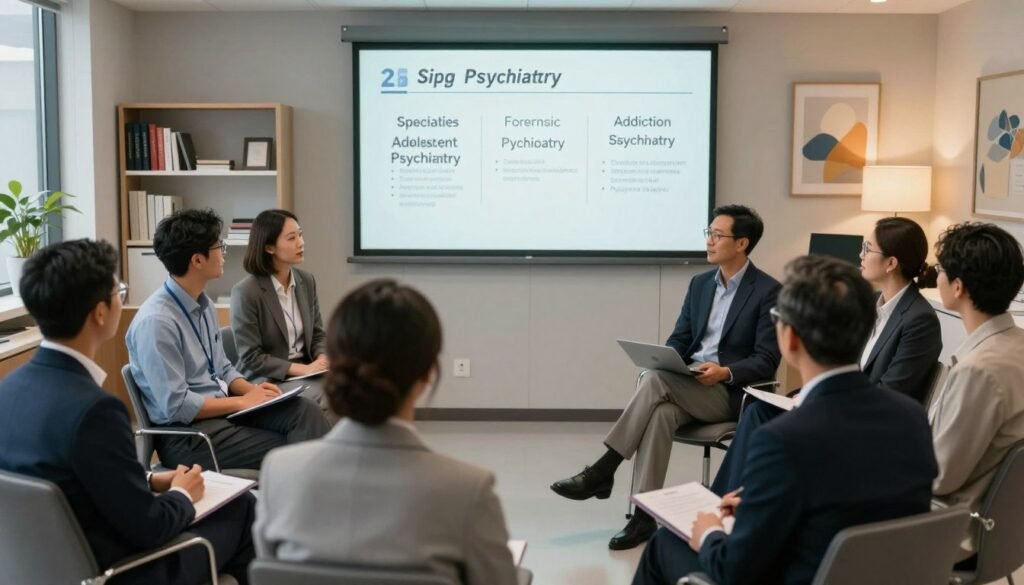 A well-organized psychiatry conference scene depicting various specialties. In the foreground, a diverse group of mental health professionals dressed in professional business attire engage in discussion, showcasing enthusiasm and collaboration. The middle ground features a large presentation screen displaying key sub-specialties like child and adolescent psychiatry, forensic psychiatry, and addiction psychiatry. The background is filled with a clinical setting, such as modern office spaces with shelves of medical books and calming art, creating a professional atmosphere. Soft, warm lighting brightens the room, enhancing a feeling of hope and dedication in the field. The angle is slightly elevated, capturing both the engaged professionals and the informative backdrop, inviting the viewer into the world of psychiatry specialties.