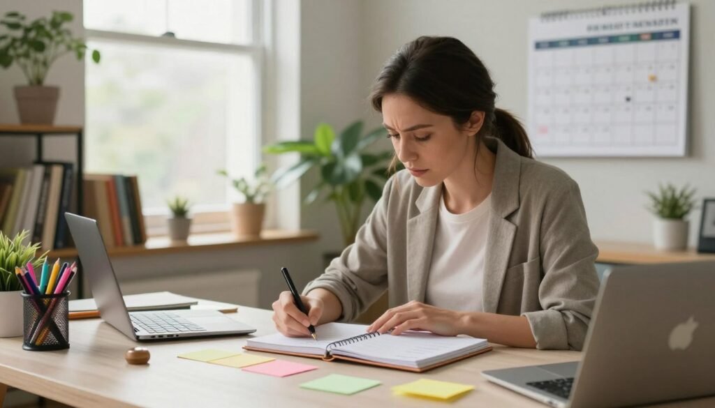 A woman in a cozy and well-lit home office, sitting at a tidy desk with a planner and colorful stationery, organizing her daily routine to ease anxiety. She is dressed in comfortable yet professional casual clothing, focusing intently on her planner. The foreground features her hands actively writing and colorful sticky notes scattered around. In the middle ground, there's a large window with soft, natural light pouring in, illuminating plants and a neatly arranged bookshelf filled with self-help books. In the background, a calendar hangs on the wall, annotated with motivational quotes. The atmosphere is calm and productive, radiating a sense of order and tranquility, emphasizing her determination to manage stress and implement organization into her life. The image should have a soft, warm color palette, evoking a sense of comfort and clarity.