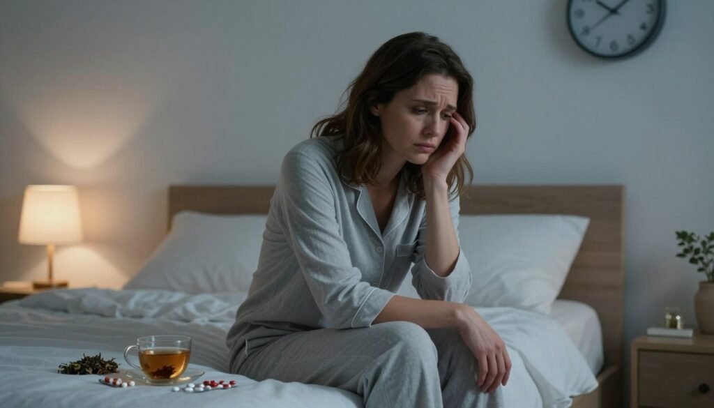 A woman in her early 30s sits on the edge of a neatly made bed, looking troubled and weary. She has medium-length brown hair and is dressed in light, modest pajamas. Her expression reflects a sense of distress and frustration, showcasing the physical toll of sleeplessness due to medical conditions. In the foreground, there are scattered sleep aids like herbal teas and a soft pillow, while a bedside lamp casts a warm glow, creating a contrast to the cool tones of the room. In the background, a wall clock shows late hours, enhancing the atmosphere of sleeplessness. The overall mood is one of introspection and the struggle against insomnia.